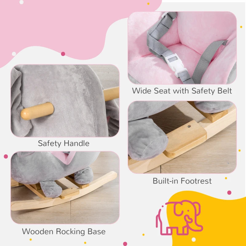 Kids Elephant Rocking Horse with Safety Belt - Wooden Base, Grey - Perfect for Ages 18-36 Months