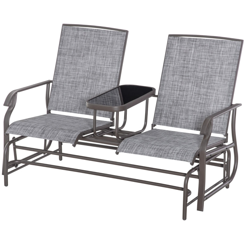 Metal Garden Glider Loveseat with Glass Table, 2 Seats, Brown/Grey