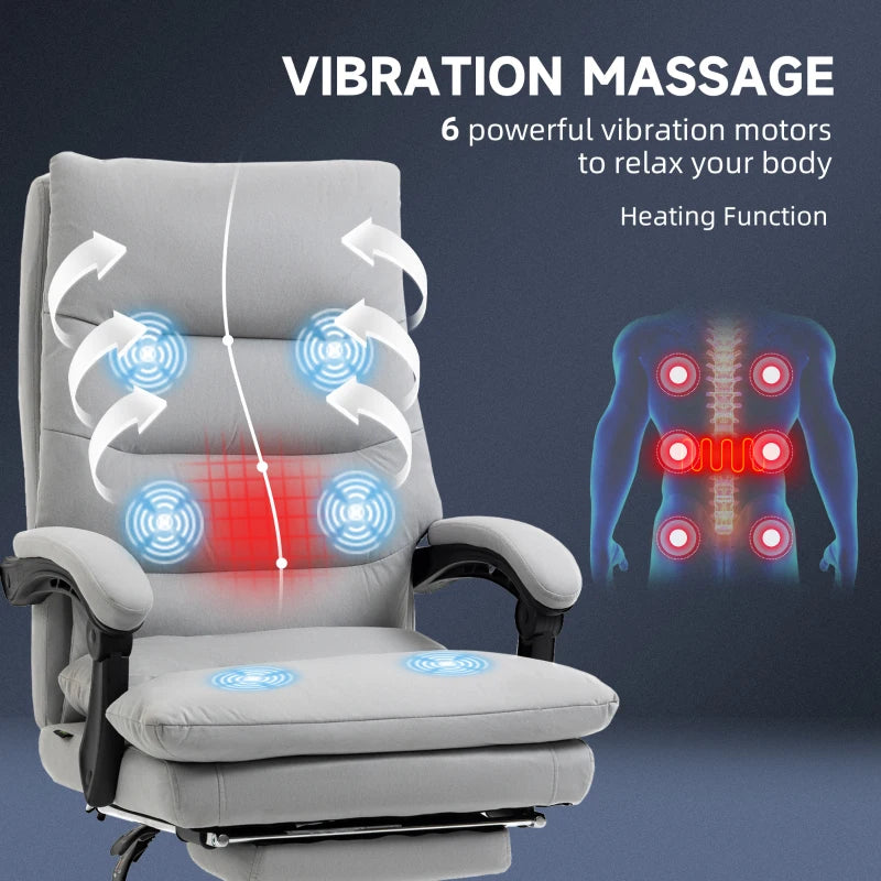 Vinsetto Ergonomic Office Chair with Footrest, 6-Point Massage & Heating, Double Padding, 135° Recline, Grey Microfibre