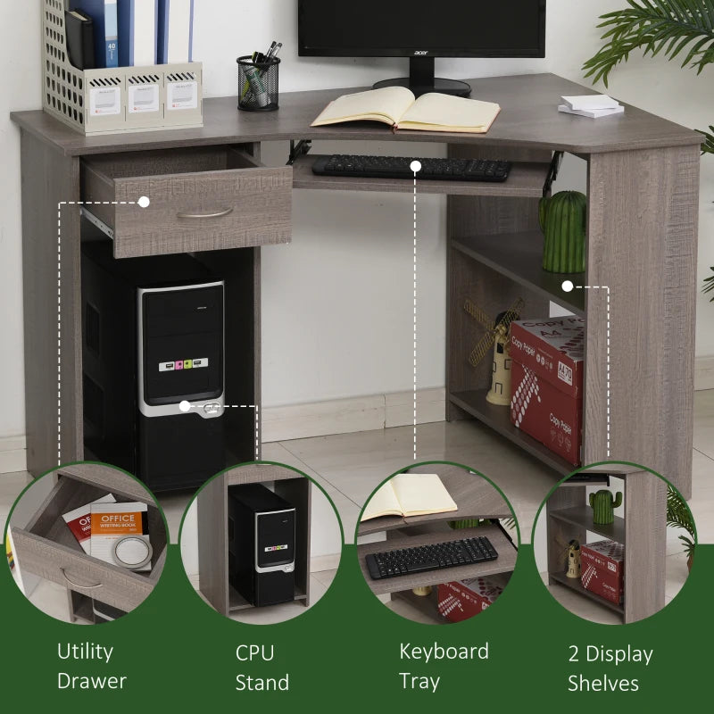 L-Shaped Corner Computer Desk with 2 Shelves, Keyboard Tray, Drawer & CPU Stand - Grey Home Office Furniture