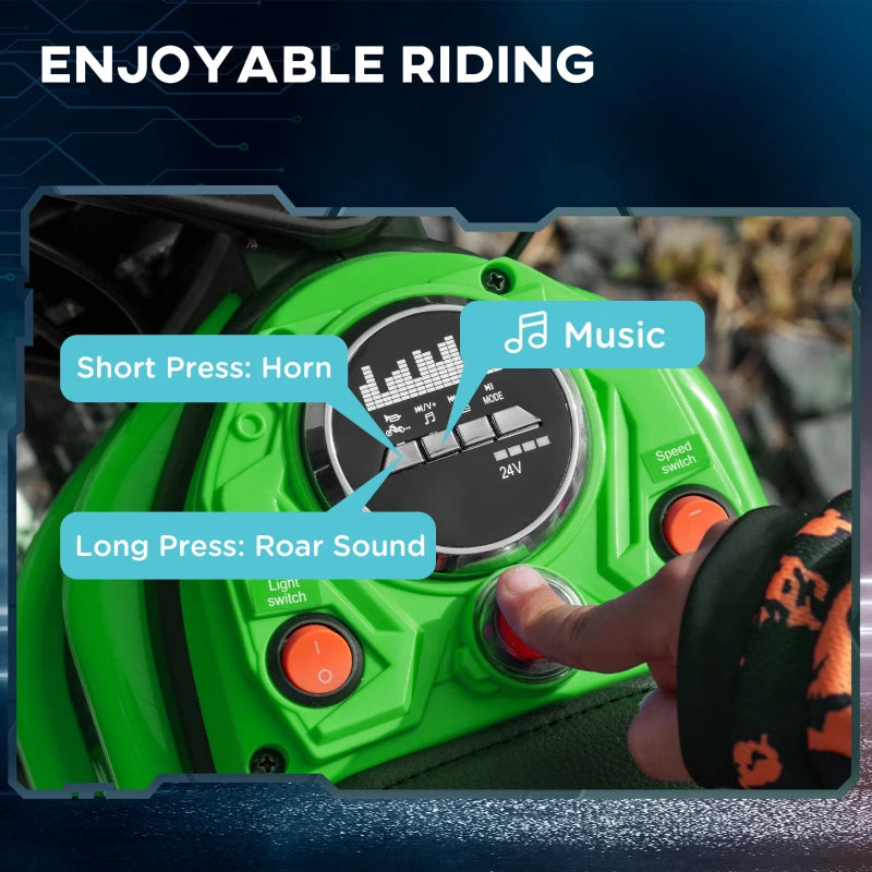 24V Electric Motorbike for Kids with Twist Grip Throttle Music Horn 12 Inch Tyres Green