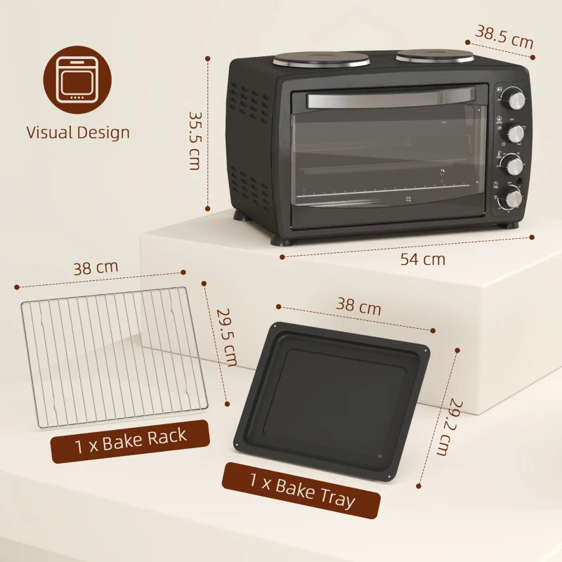 36L Electric Countertop Toaster Oven with 2 Hot Plates, Timer, Adjustable Temp, Baking Tray & Grill Rack - 2600W Black