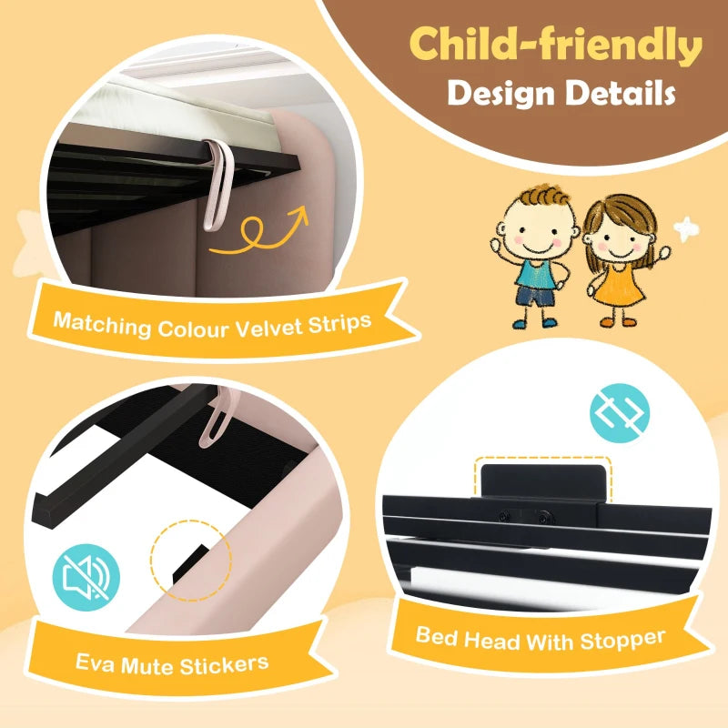 3FT Pink Upholstered Daybed with Hydraulic Storage & Metal Slatted Frame, Velvet Finish, Single Ottoman Bed, 200L x 97W x 76H cm