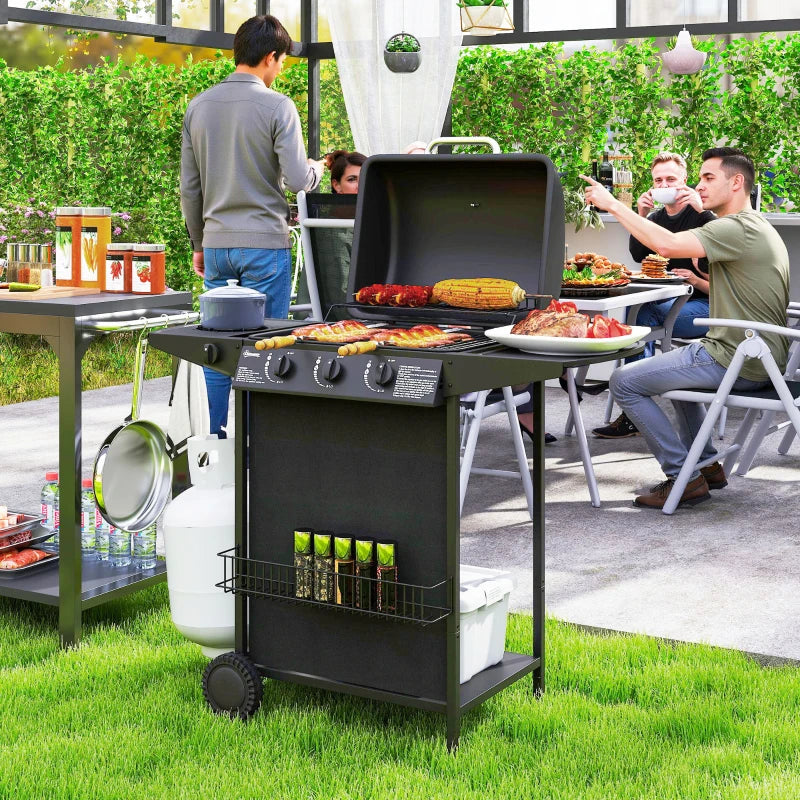3+1 Burner Portable Gas BBQ Grill with Thermometer, Side Table, Wheels for Outdoor Cooking
