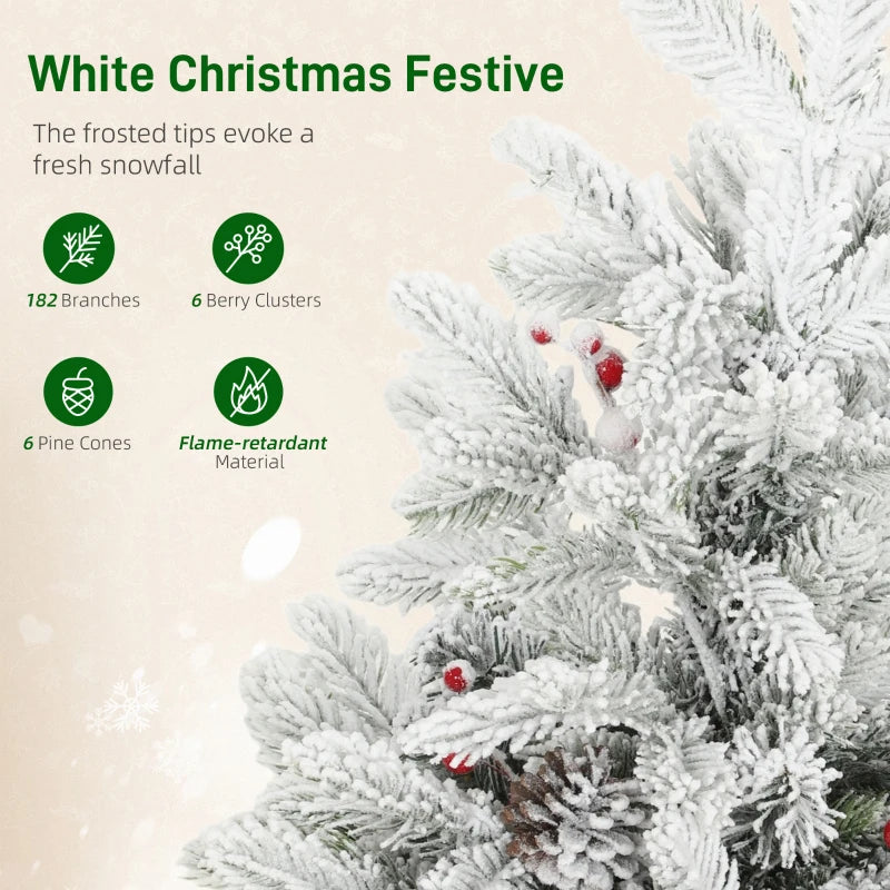 60 cm Prelit Small Christmas Tree - 35 LED Lights, Snow Flocked Mini Xmas Tree with Pine Cones & Berry Clusters