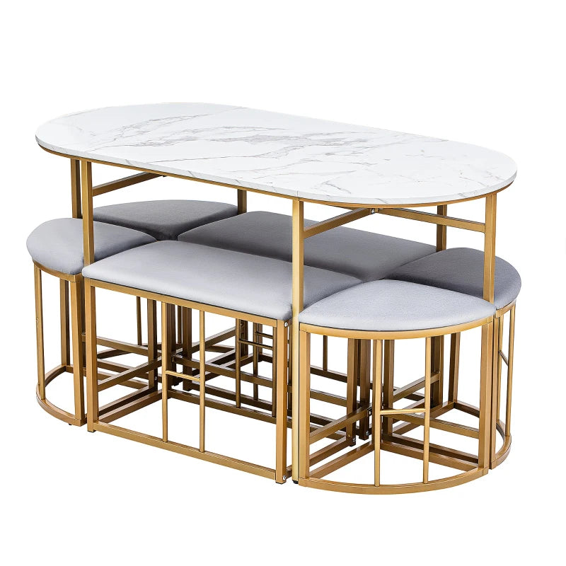 Modern Gold Dining Table Set with 4 Small & 2 Large Stools, Steel Frame, 140x70x76 cm, 120 kg Capacity