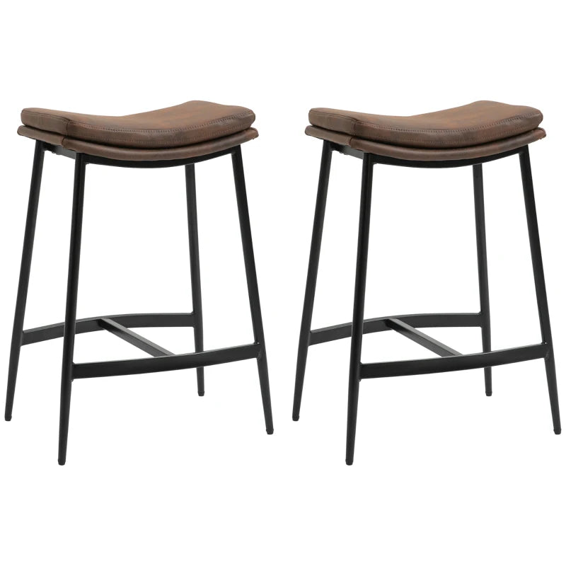 Set of 2 Microfibre Upholstered Breakfast Bar Stools - Industrial Curved Seat Bar Chairs with Steel Frame, Brown