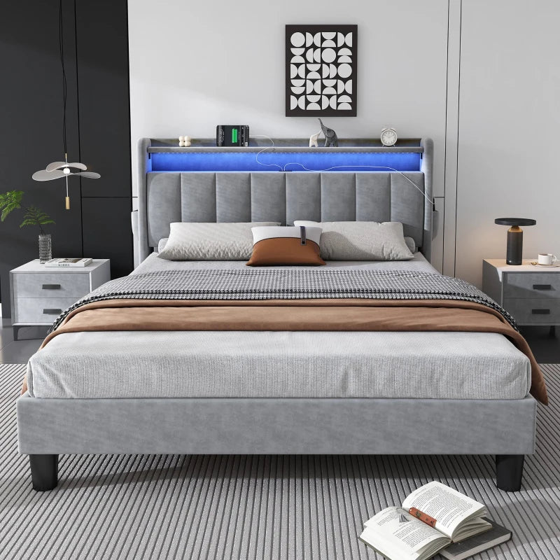 Velvet Upholstered Double Bed with Storage & LED Light Strip, 4 USB Ports, Grey - 204L x 140W x 107H cm