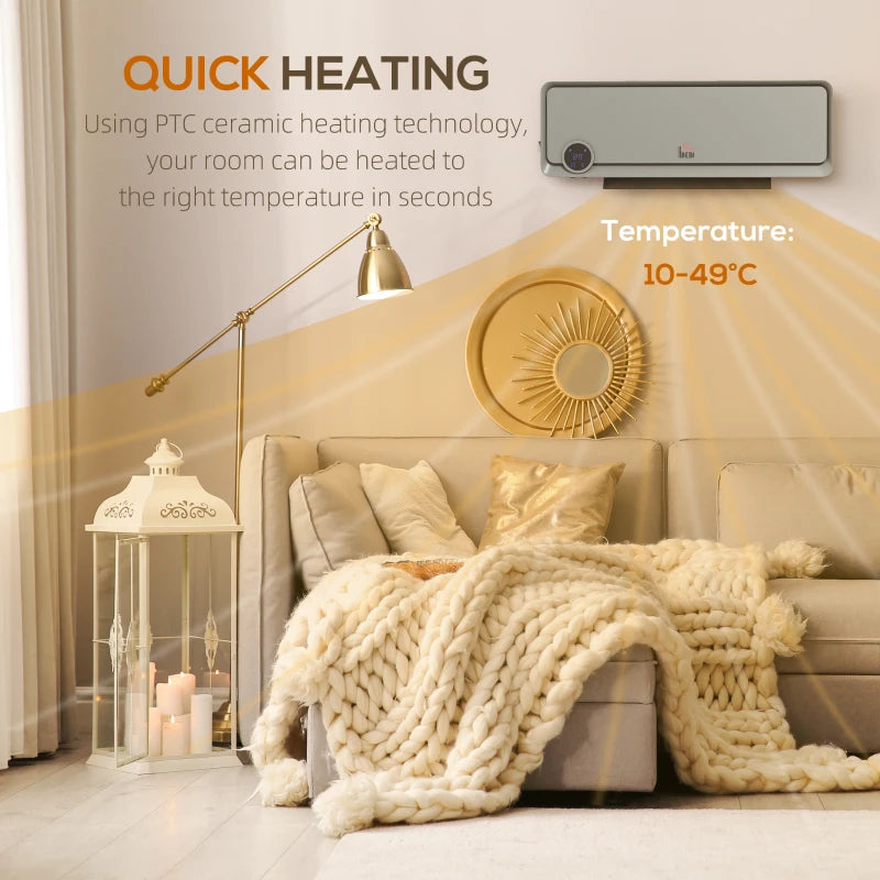 Electric Wall Downflow Heater 2000W with Timer and Remote Control Oscillating Fan for Bedroom and Home Office Grey