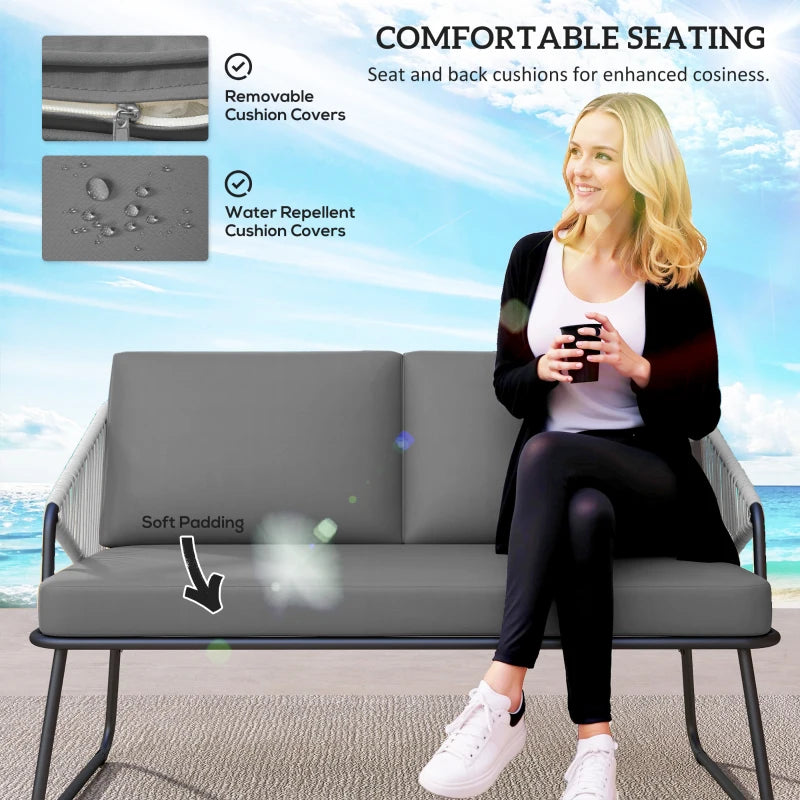 4 Piece Grey Rattan Garden Furniture Set - Wicker Patio Outdoor Loveseat, Armchairs, Glass Top Coffee Table with Cushions for Patio, Conservatory, Balcony