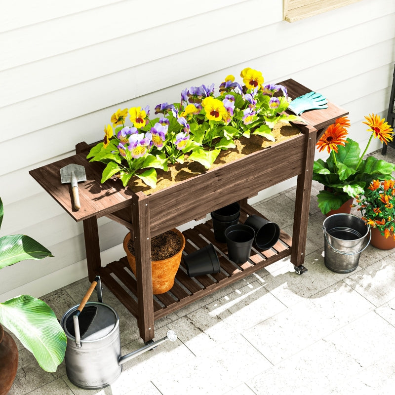 Wooden Elevated Planter Box with Lockable Wheels, Side Tables, and Bottom Shelf - Carbonised 120cm Garden Bed for Vegetables, Flowers, and Fruits