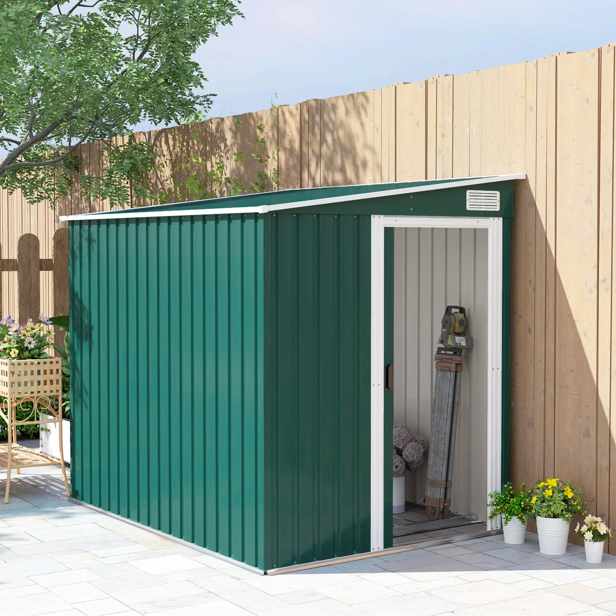 Green 7ft x 5ft Lean-To Metal Shed with Sliding Door