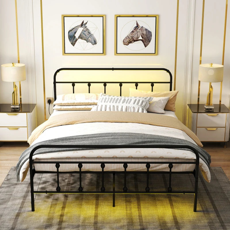 King Size Metal Bed Frame with LED Lights and USB Charging Station for Modern Bedrooms