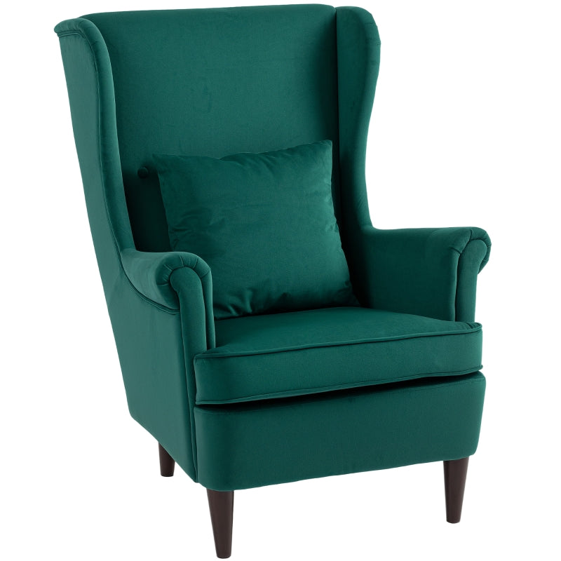 Stylish Upholstered Wingback Armchair with High Backrest and Pillow for Living Room or Bedroom, Dark Green Velvet