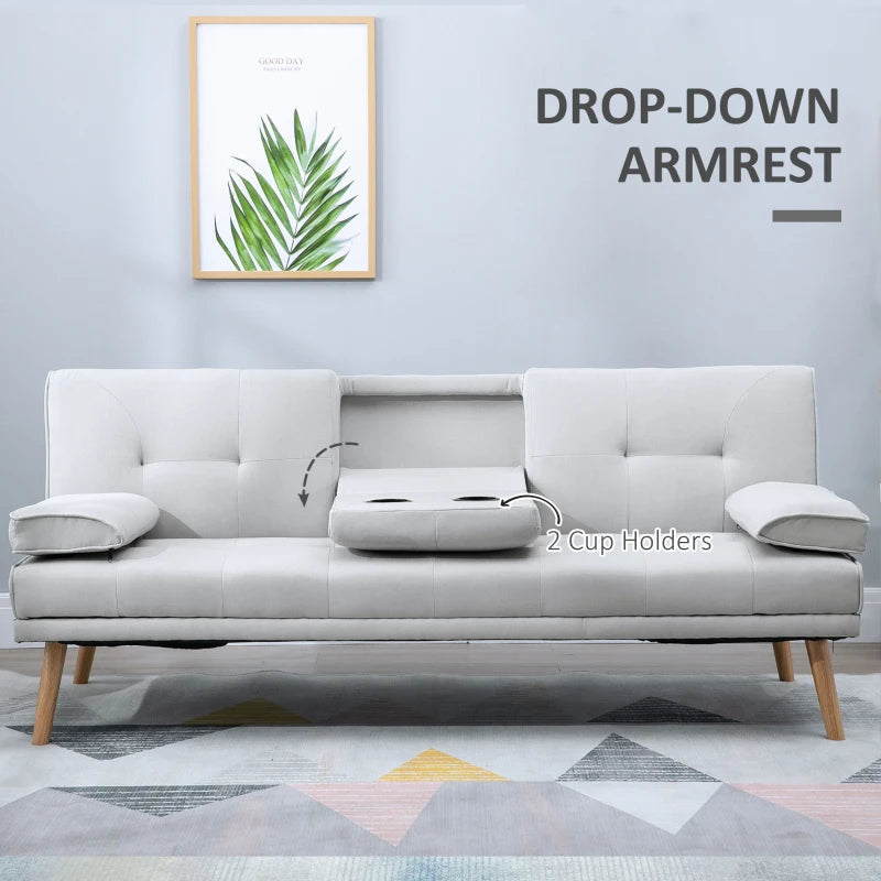 Convertible Fabric Sofa Bed with Cup Holders - Stylish Futon Settee for Living Room and Bedroom, Grey