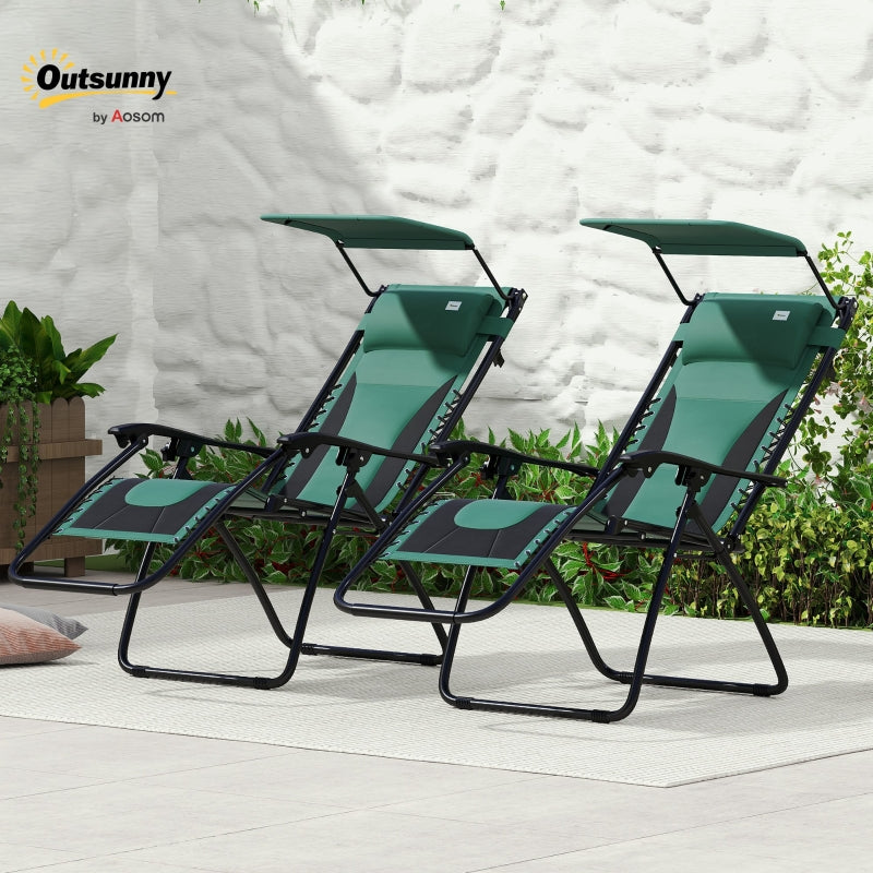 Sun Lounger Chair Set of 2 - Folding Reclining Patio Chairs with Shade Cover, Padded Seat, Cup Holder, Soft Cushion and Headrest - Green