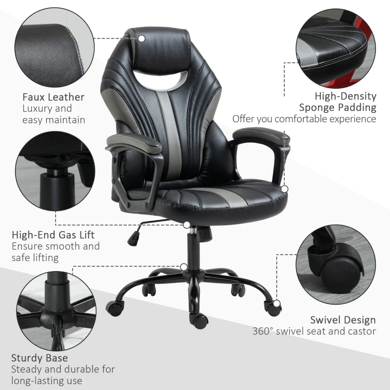 Vinsetto Gaming Chair - Ergonomic Desk Chair with Breathable PU Leather, Soft Armrests & Rolling Wheels for Adults - Black