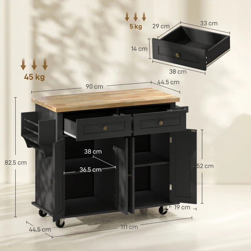 Rolling Kitchen Island Storage Trolley with Rubber Wood Top & Drawers - Stylish Black Dining Room Cart