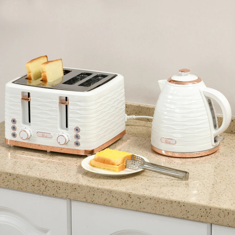Cream White Kettle and Toaster Set - 3000W Rapid Boil 1.7L Kettle & 4 Slice Toaster with 7 Browning Controls