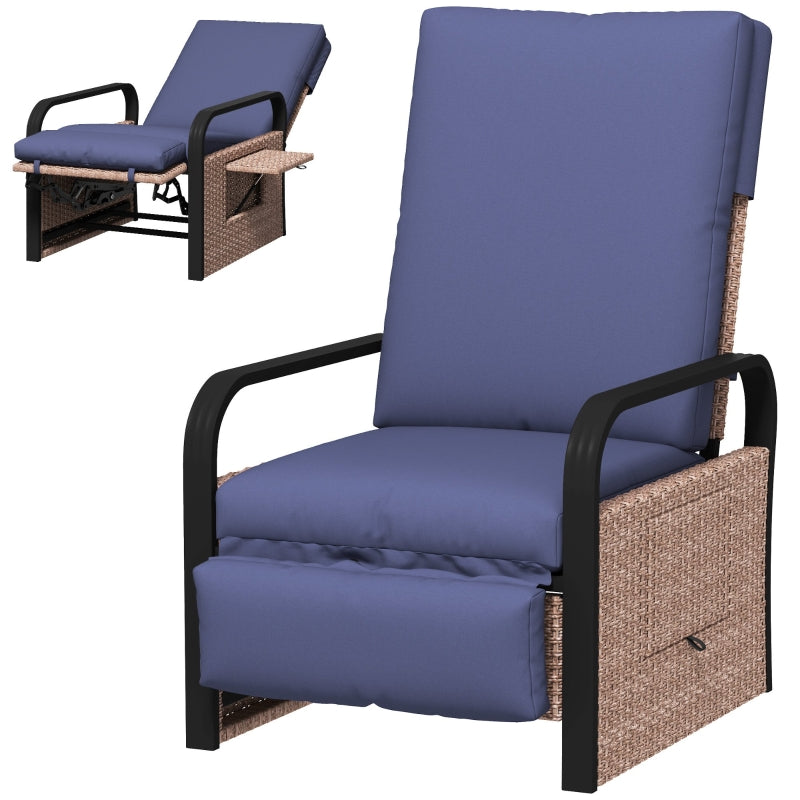 140° Reclining Rattan Armchair - Comfortable Brown and Blue Outdoor Lounge Chair