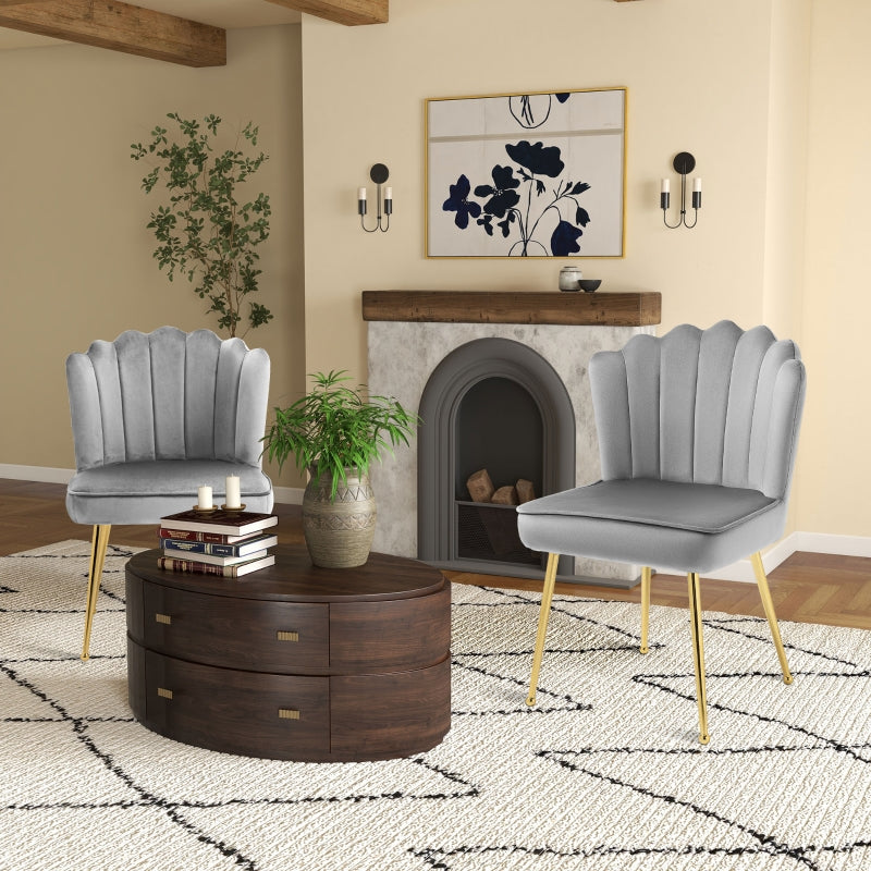 Set of 2 Velvet Upholstered Dining Chairs with Gold Metal Legs for Kitchen and Living Room, Grey