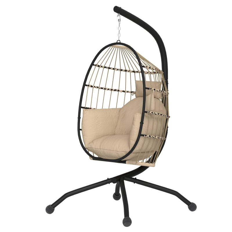 Hanging Egg Chair - Khaki - Outdoor Indoor Garden Swing Chair with Stand, Folding Basket, Thickened Cushion, Headrest & Cup Holder - Perfect for Patio & Balcony