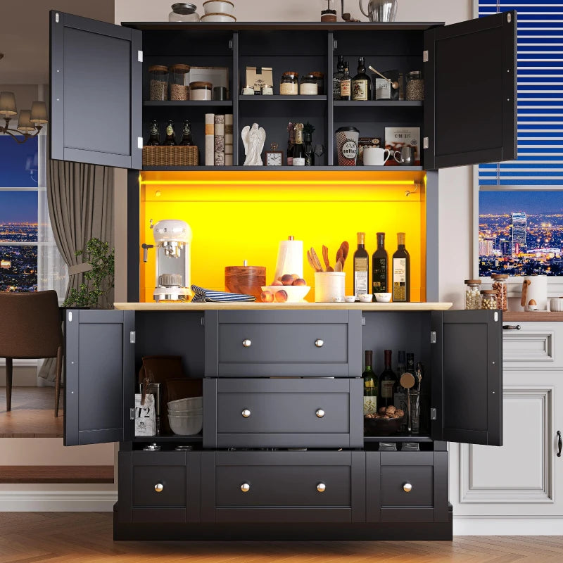 Tall Kitchen Cabinet with Open Shelf & 5 Drawers - Large Storage Cupboard for Dining Room, 115x40x180 cm, Black