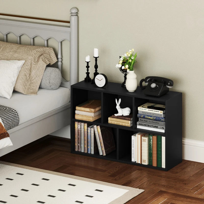 Stylish 2-Tier Black Bookshelf with 5 Spacious Compartments - Perfect for Home or Office Storage