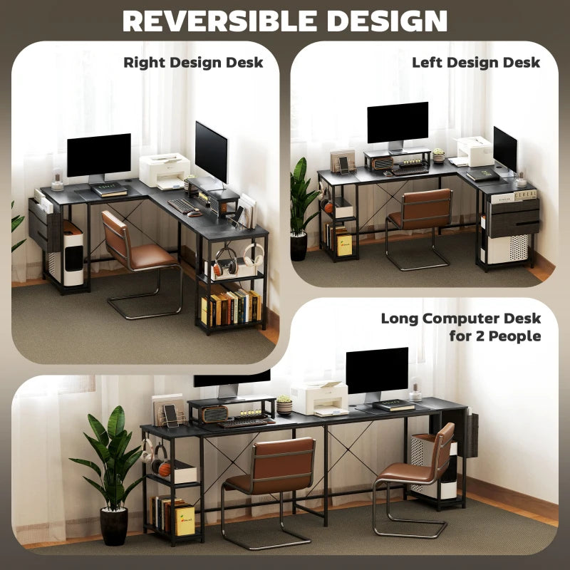 Reversible 168cm L Shaped Desk - Industrial Corner Computer Table with Adjustable Shelf & Storage Bag, 240cm for 2 Users, Black