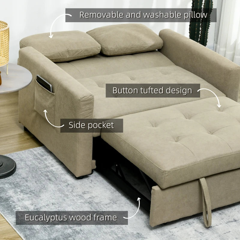 Light Brown Loveseat Sofa Bed with Cushions and Side Pockets for Living Room