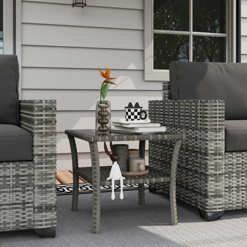 Grey Rattan Two-tier Patio Coffee Table with Glass Top