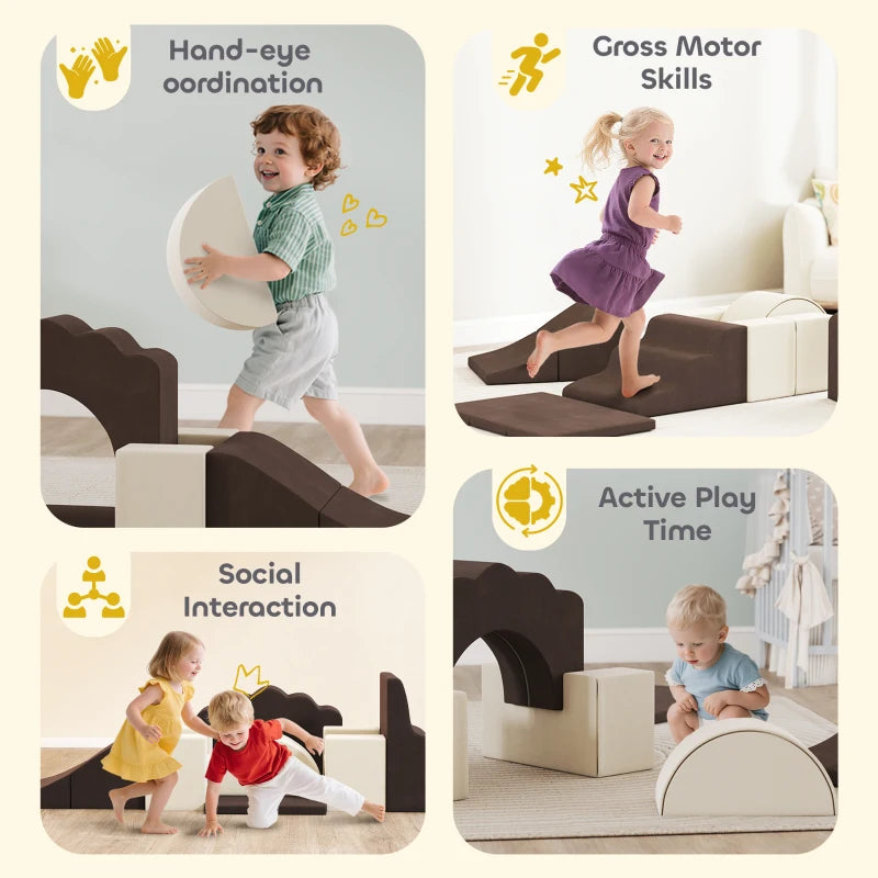 7 Piece Soft Play Set for Kids Indoor Climbing and Crawling Foam Toy Brown