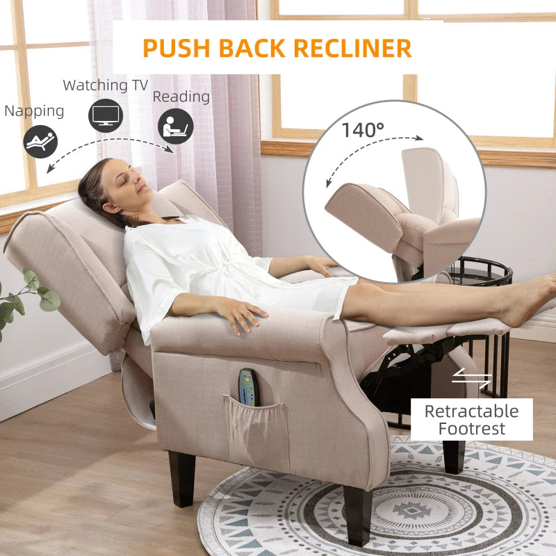 Luxury Heated Massage Reclining Armchair with Thick Sponge Padding and Linen Upholstery for Home Relaxation in Beige