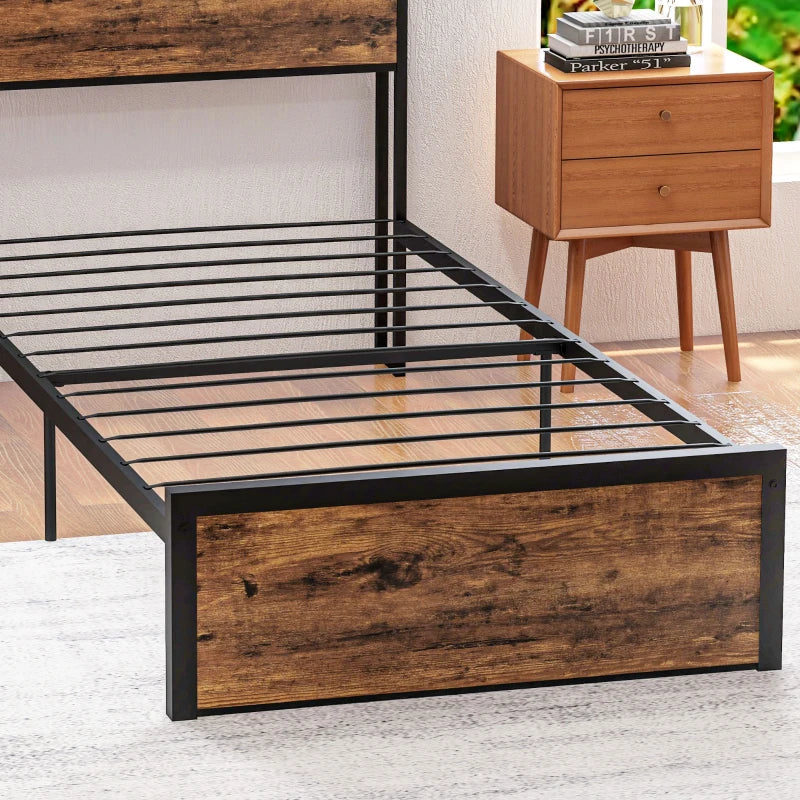 Industrial Single Bed Frame 3.1FT Steel Base with Storage Headboard & Footboard, Slatted Support, Rustic Brown 95x209cm
