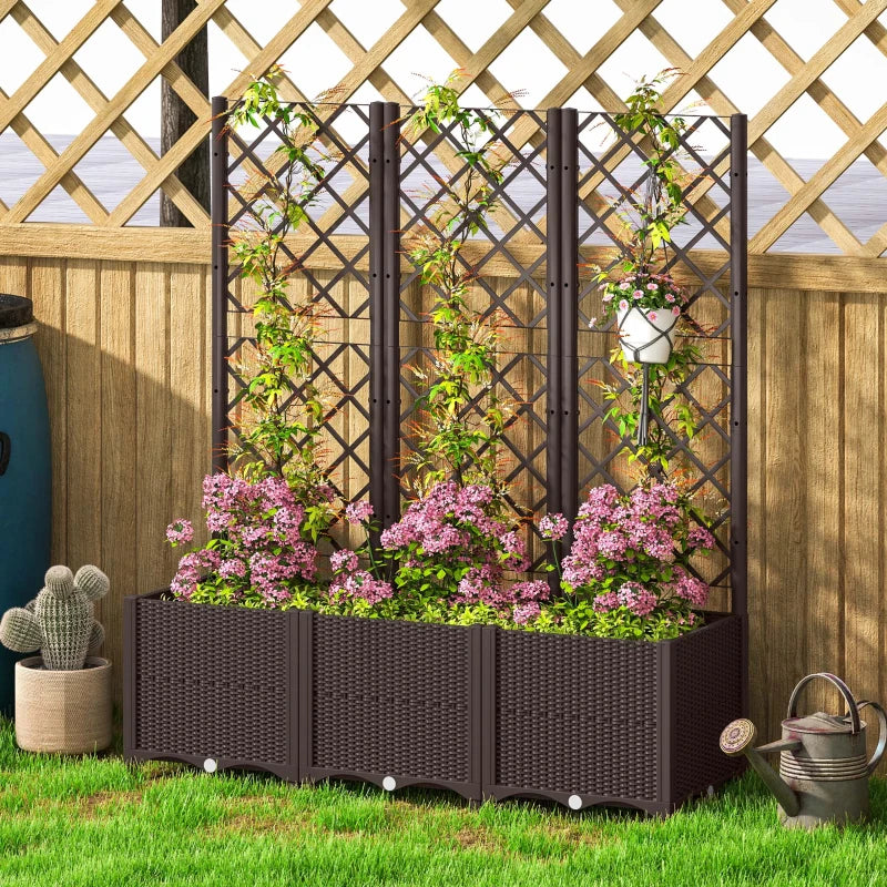 Brown Raised Garden Bed with Trellis - 48" Plastic Planter Box for Climbing Plants, Vegetables, and Flowers with Drainage Holes