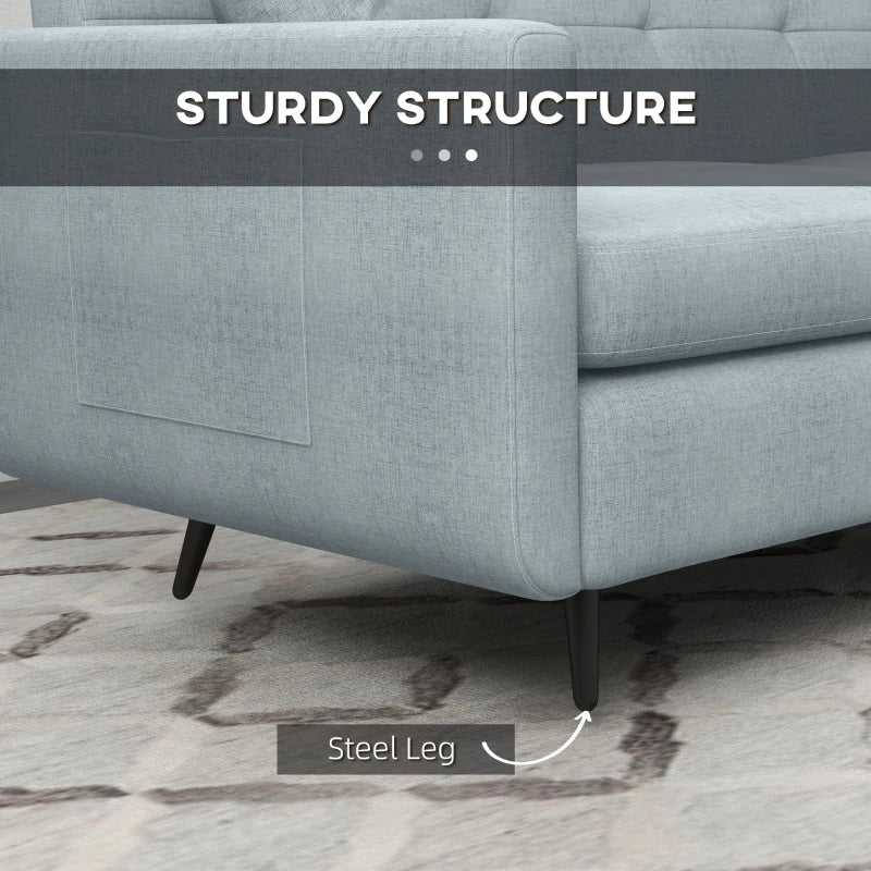 Modern 165cm 3-Seater Sofa for Living Room, Tufted Fabric Couch with Steel Legs and Storage Pockets, Blue