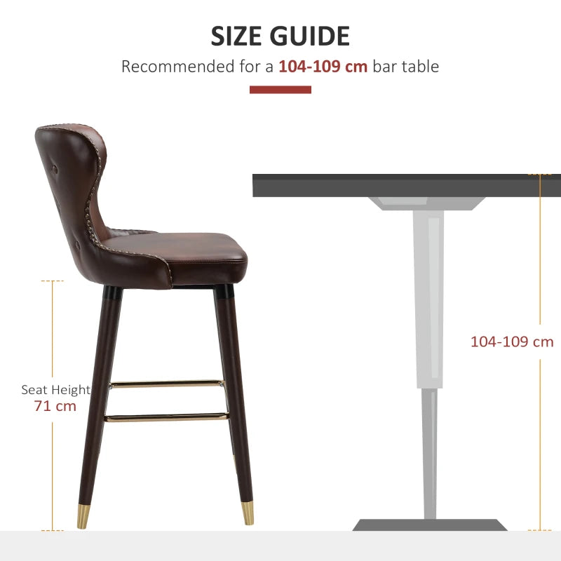 Set of 2 Brown PU Leather Bar Stools with Back and Footrest, Stylish Wood Legs for Kitchen and Breakfast Bar