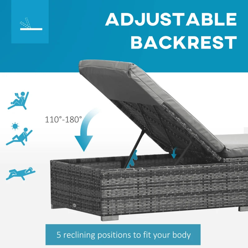 Grey Rattan Sun Loungers Set of 2 with Cushion and Recliner Backrest