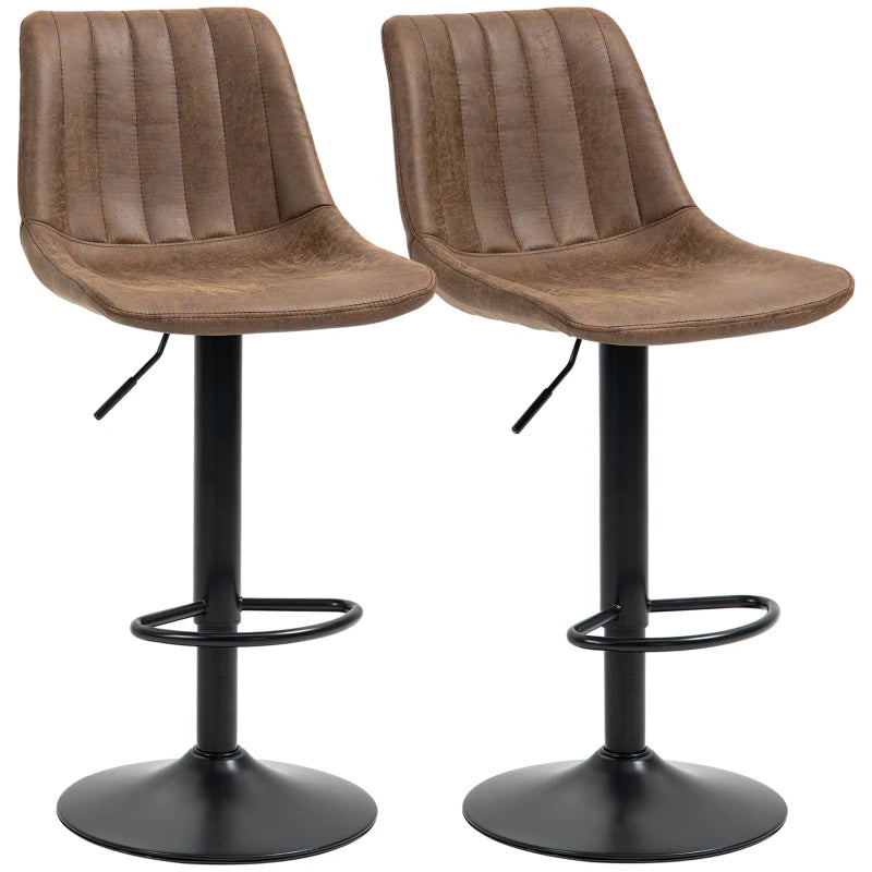 Set of 2 Swivel Bar Stools with Back - Adjustable Counter Height Chairs for Kitchen Island, Brown with Steel Footrest