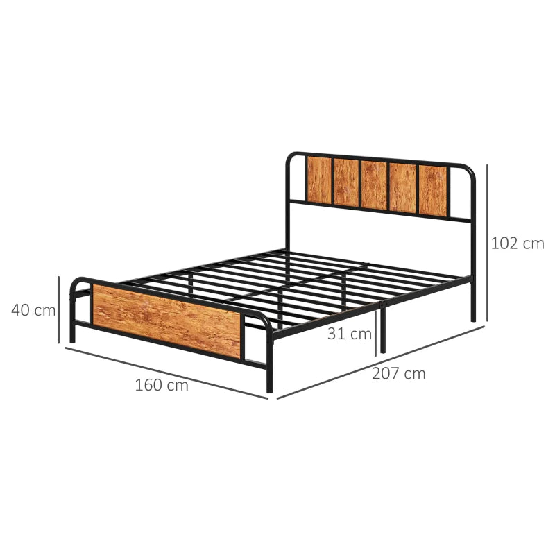 5.2ft King Bed Frame with Industrial Wood Headboard, Steel Slats & 31cm Underbed Storage - Rustic Brown, 160x207cm