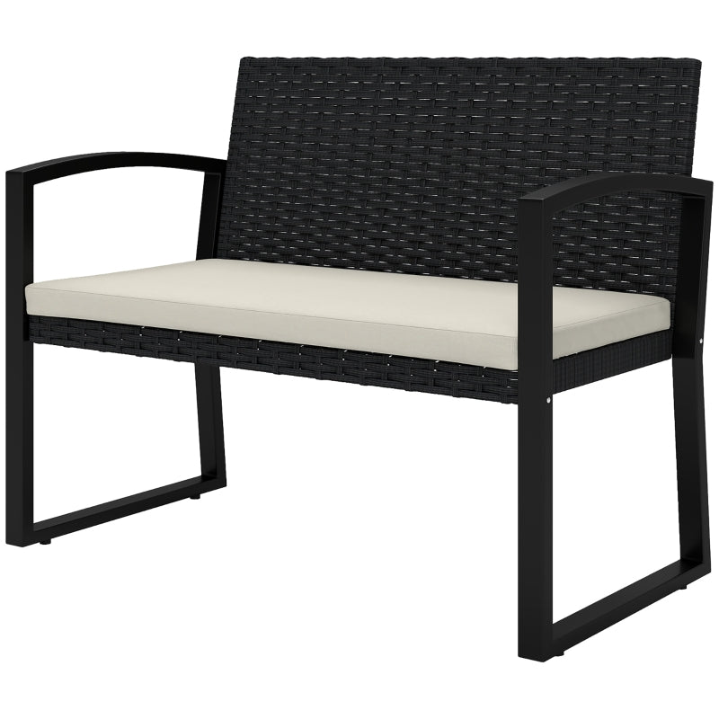 Two-Seater Rattan Garden Bench - Beige and Black - Outdoor Patio Furniture