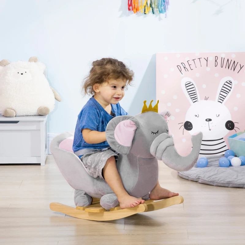 Kids Elephant Rocking Horse with Safety Belt - Wooden Base, Grey - Perfect for Ages 18-36 Months