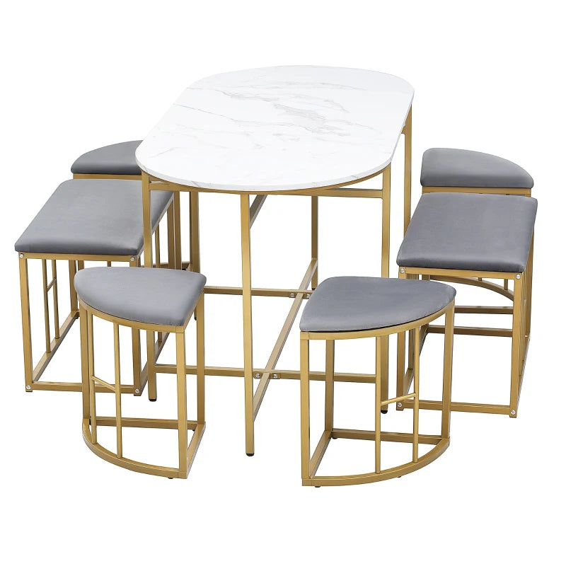 Modern Gold Dining Table Set with 4 Small & 2 Large Stools, Steel Frame, 140x70x76 cm, 120 kg Capacity