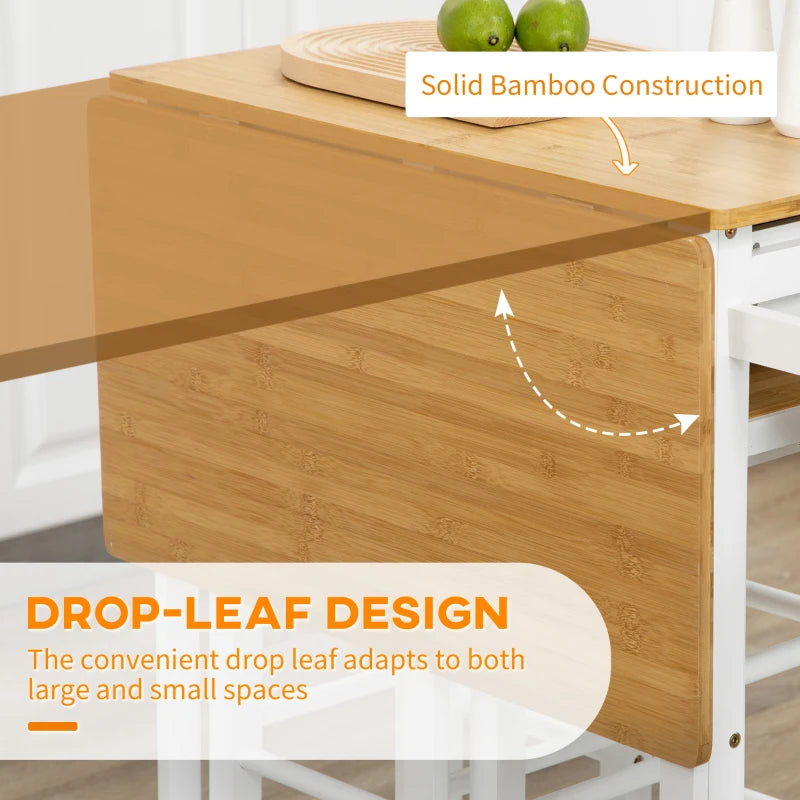 Bamboo Kitchen Island Set with 2 Stools, Rolling Breakfast Cart, Drop Leaf Top, Drawers & Towel Rack - White