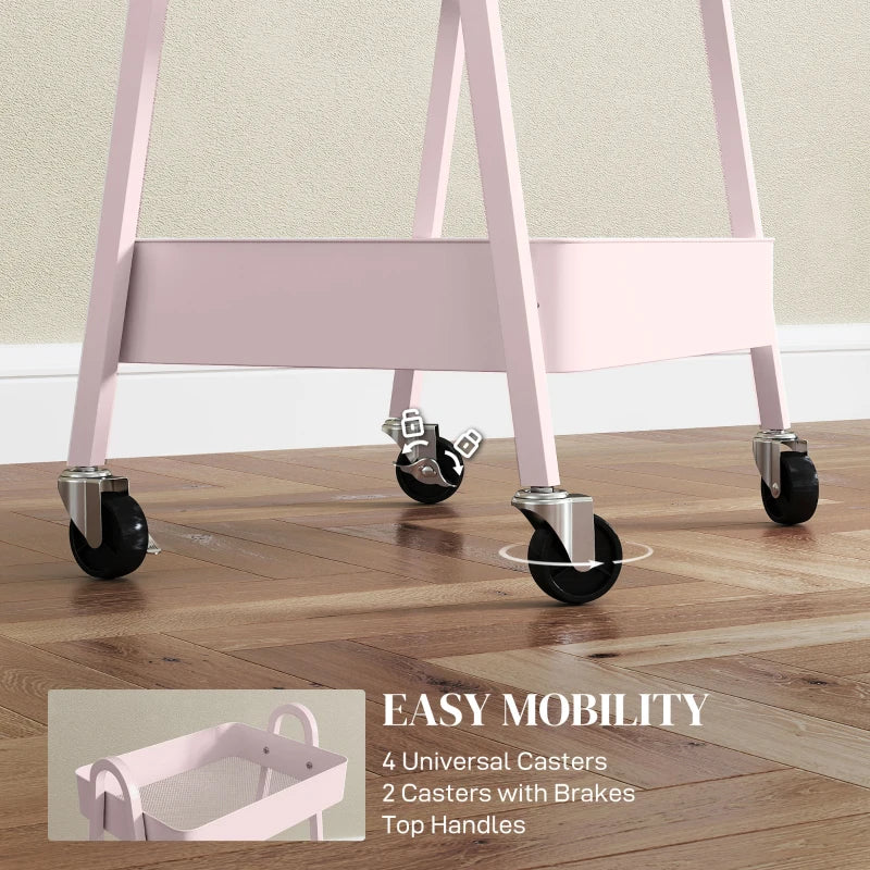 Pink Three-Tier Storage Trolley - Stylish Rolling Cart for Organizing Home, Office, or Kitchen - Versatile and Functional Design