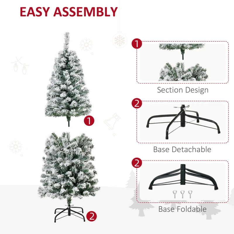 5FT Prelit Snow Flocked Christmas Tree with Warm White LED Lights - Festive Green & White Holiday Home Decoration