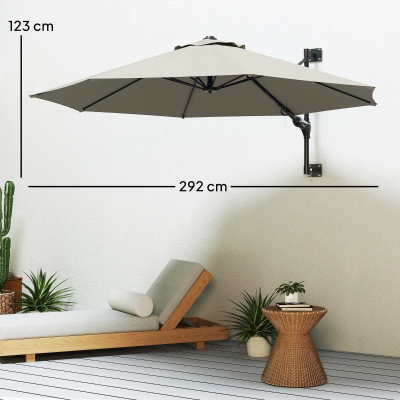 3m Wall-Mounted Parasol Shade with Handle - Light Grey Outdoor Umbrella for Patio