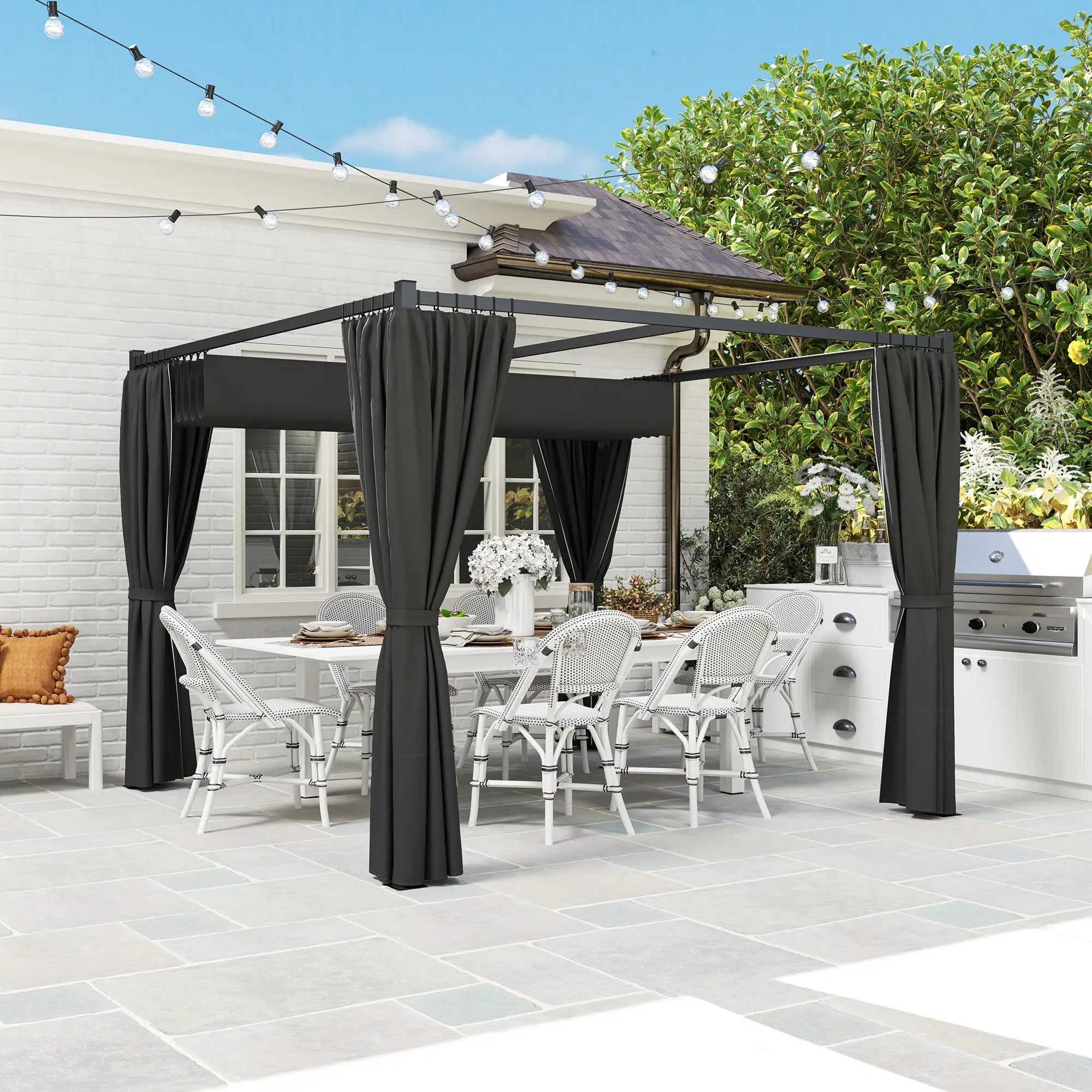 Charcoal 3m x 3m Retractable Pergola Shelter with Curtains - Perfect For patios