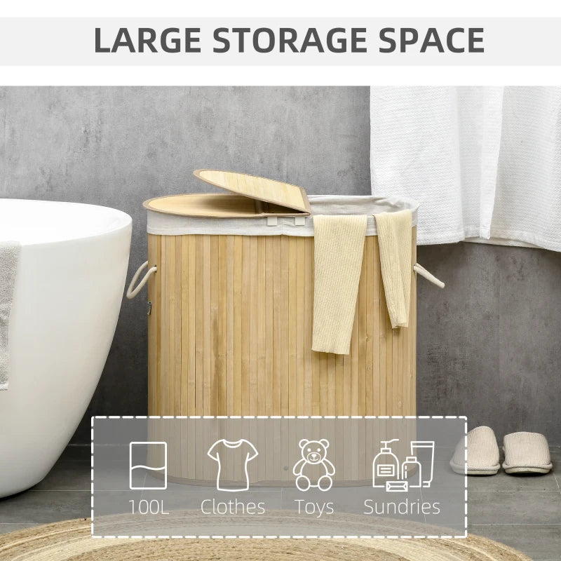Natural Bamboo Laundry Basket with Lid - 100L Hamper, 2 Sections, Removable Washable Lining, 62.5x37x60.5cm