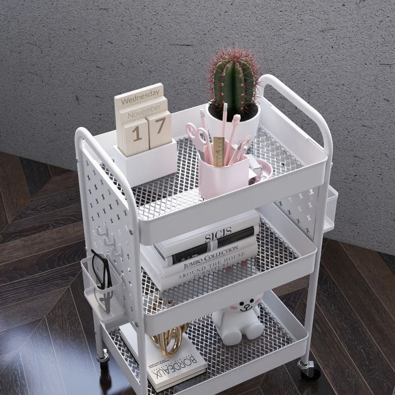 3-Tier Rolling Storage Trolley with Mesh Baskets, Hanging Boxes & Hooks - Versatile Utility Cart for Kitchen & Living Room - White